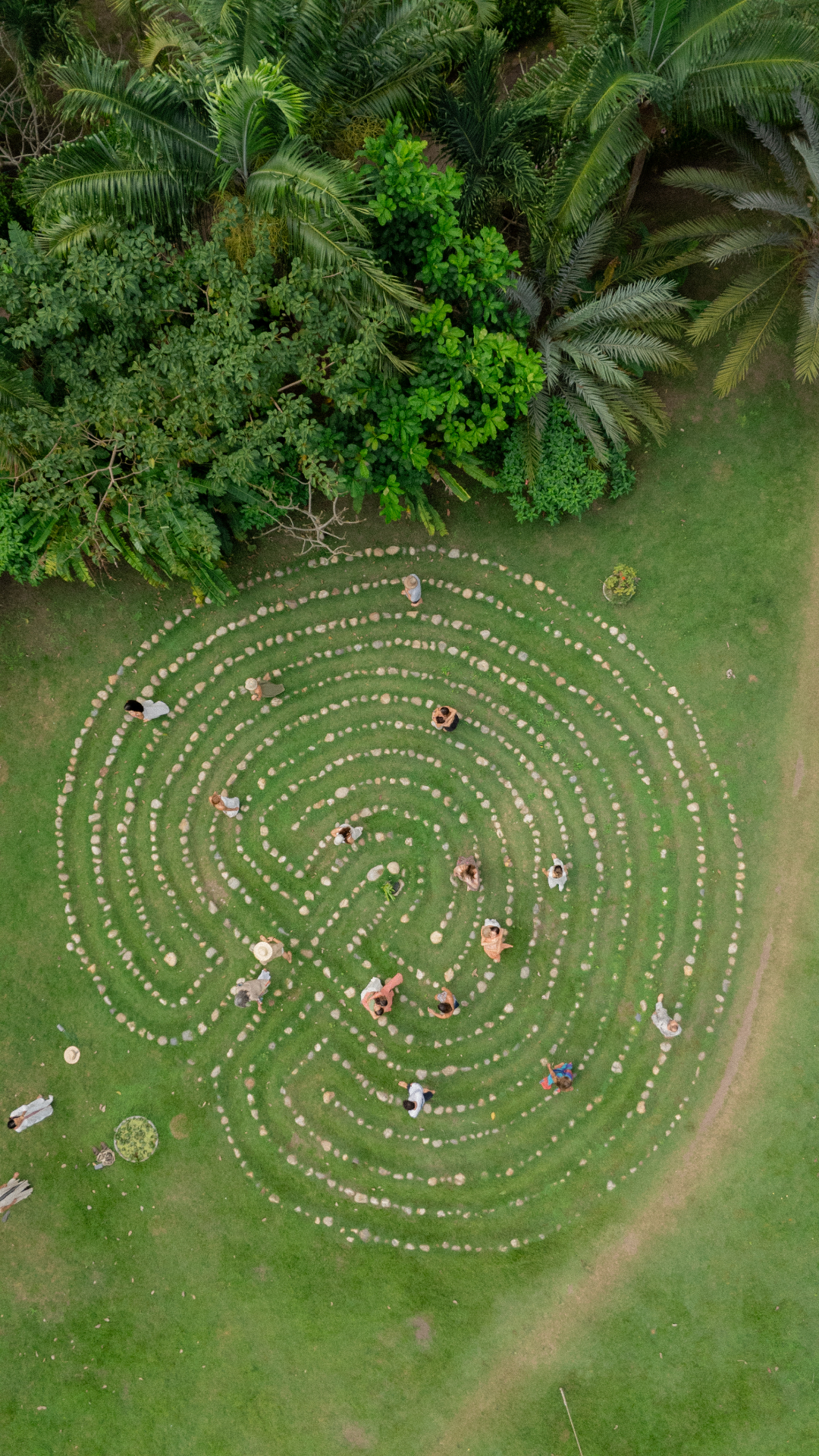 Aerial view of a stone labyrinth on a green lawn bordered by tropical foliage